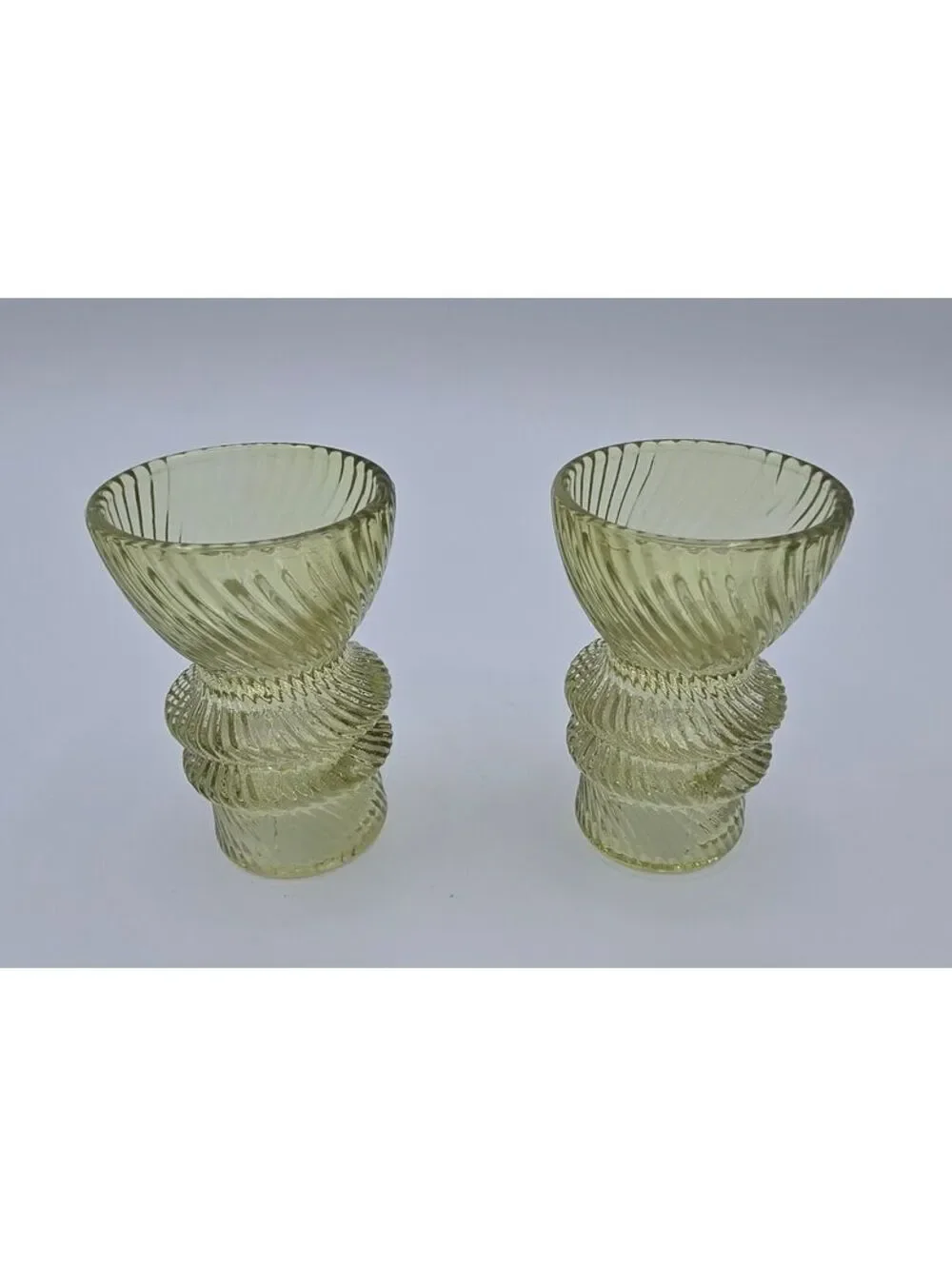 Vintage Green Glass Reversible Candle Holders Pair Spiral Ribbed 3
